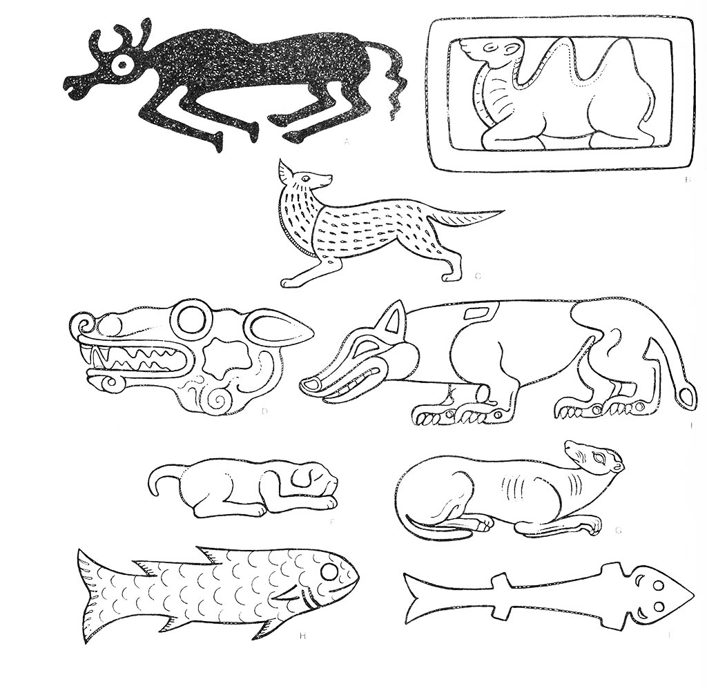 a — скот (корова), b — верблюд (бактриан, лежащий), се — волк, d — волк (голова), f — собака (щенок, спящий), g — гончая (лежащая), g — собака (с поднятой лапой гончая, лежащая), hi — рыба (пара) / Культура степных кочевников